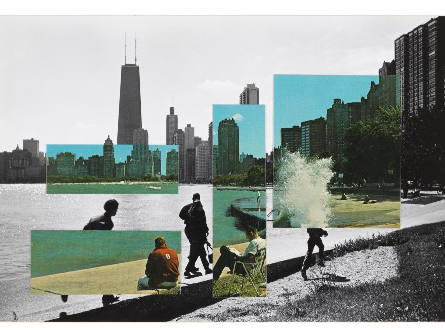 A black-and-white photo of the Chicago skyline from the north shore of Lake Michigan is overlaid with rectangular color image fragments of the same view. The color images add and subtract people from the lakefront view.