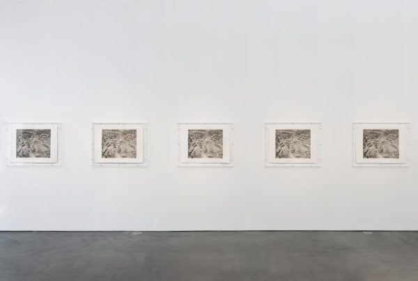 Five grayscale rectangular photographs hang in a horizontal line on a white gallery wall.