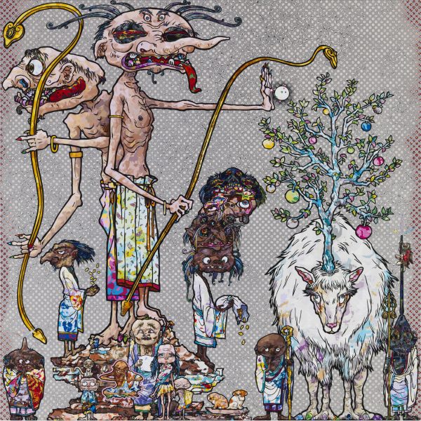 A wide assortment of characters, some tall, some short next to a goat with a christmas tree growing out of its head against a gray pixelated background