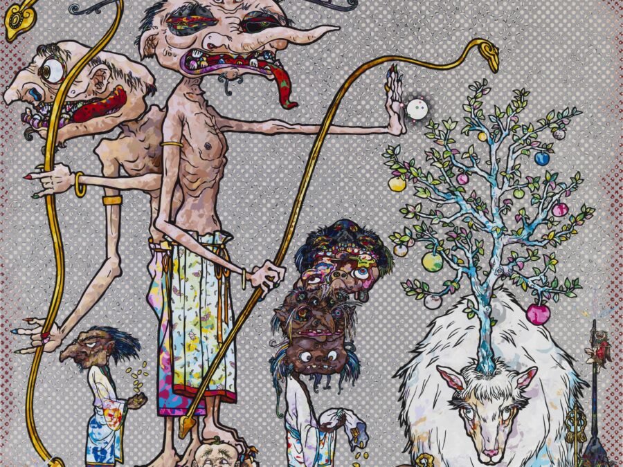 A wide assortment of characters, some tall, some short next to a goat with a christmas tree growing out of its head against a gray pixelated background