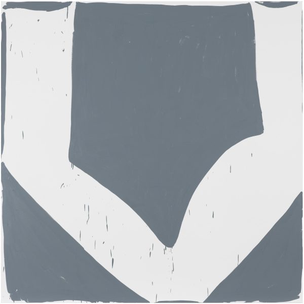 A white v against a gray background with flecks of gray paint on the white