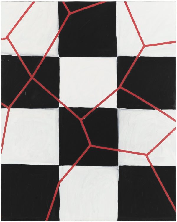 A black and white checkerboard with red crack-like lines over it