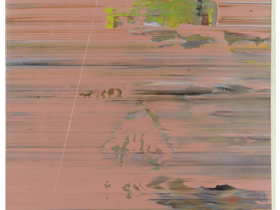 Intermittent, somewhat faded, horizontal streaks of grayish blue, orange, and green are against a pink background with faint hints of shapes coming through.