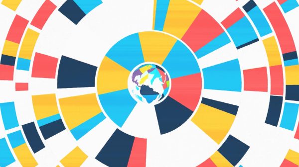 Colorful blocks form six rings around an illustration of the Earth