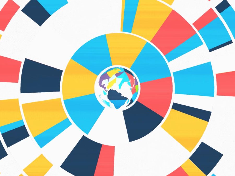Colorful blocks form six rings around an illustration of the Earth