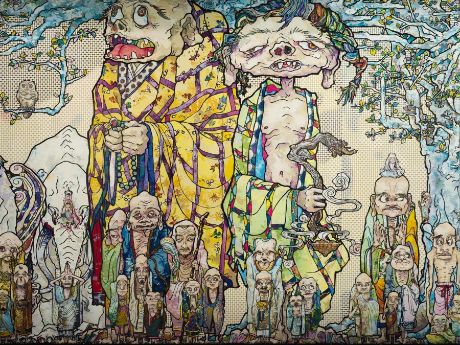 Line drawings of various figures, some incredibly tall, others very short, under a tree canopy. Only some parts of the figures are colored in.