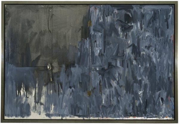 Abstract painting with blue white and black brushstrokes made in a downwards fashion. The black is mostly concentrated in a rectangle in the upper left corner, at the base of which features a fork on top of a spoon. Rusty hinges appear vertically in the middle of the painting at the top and bottom.