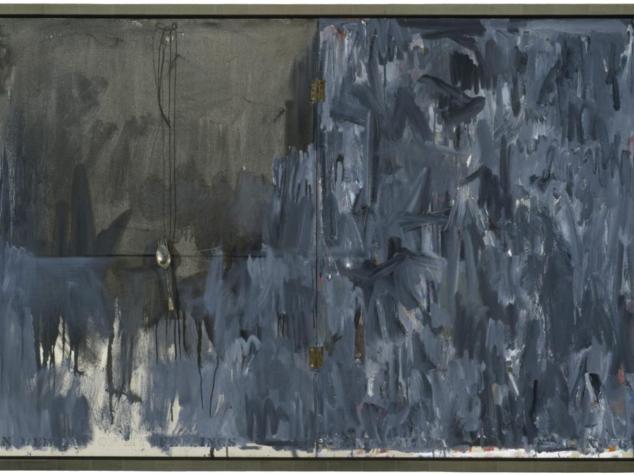 Abstract painting with blue white and black brushstrokes made in a downwards fashion. The black is mostly concentrated in a rectangle in the upper left corner, at the base of which features a fork on top of a spoon. Rusty hinges appear vertically in the middle of the painting at the top and bottom.