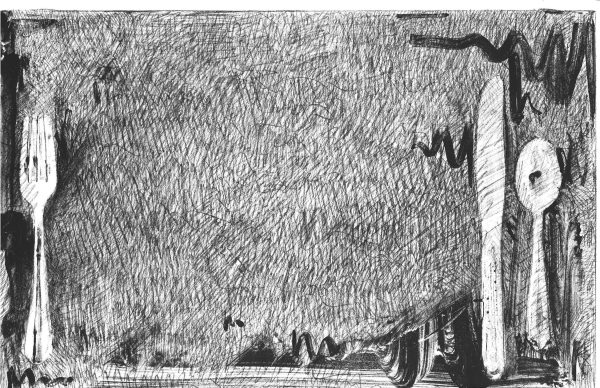 Black and white artwork consisting of thin scribbles, with some thick scribbles around a fork on the left and a knife and spoon on the right.