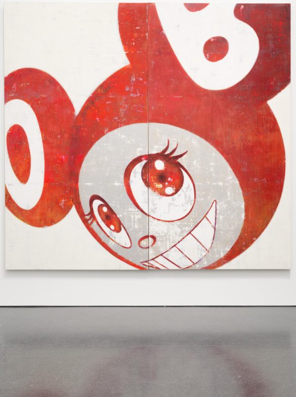 A red, white, and silver cartoon mouse character is positioned diagonally so that its round head, bulbous ears, smiling grin and large friendly eyes fill the square canvas that reflects onto the concrete floor below it
