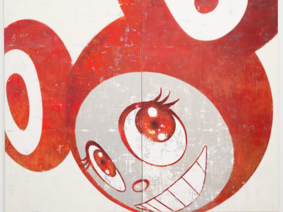 A red, white, and silver cartoon mouse character is positioned diagonally so that its round head, bulbous ears, smiling grin and large friendly eyes fill the square canvas that reflects onto the concrete floor below it