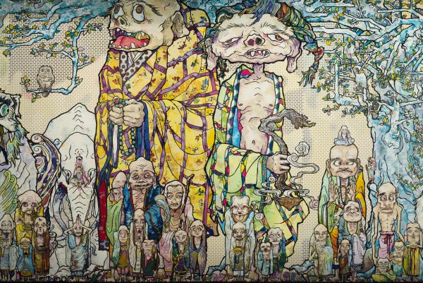 Line drawings of various figures, some incredibly tall, others very short, under a tree canopy. Only some parts of the figures are colored in.