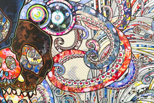 A chaotic swarm of octopus tentacles taking up most of the visual plane, with several skulls of various sizes slowly creeping in from the left side