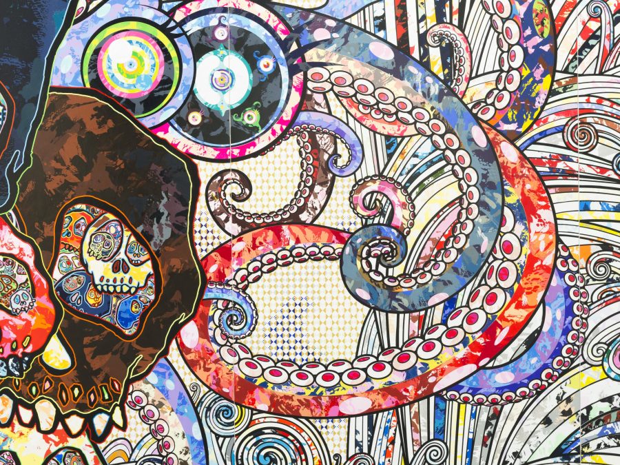 A chaotic swarm of octopus tentacles taking up most of the visual plane, with several skulls of various sizes slowly creeping in from the left side