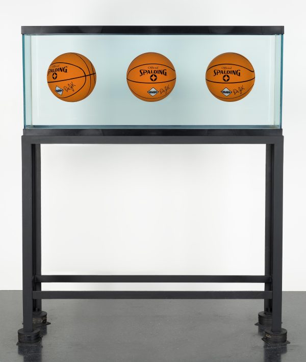 Three orange Spalding basketballs float in the middle of a rectangular fish tank.