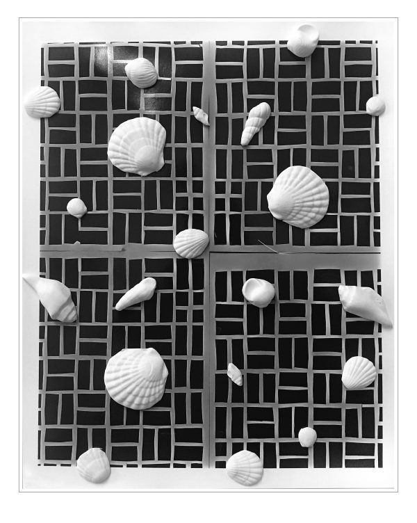 A scattering of white seashell sculptures evenly distributed on a black gridlike pattern.