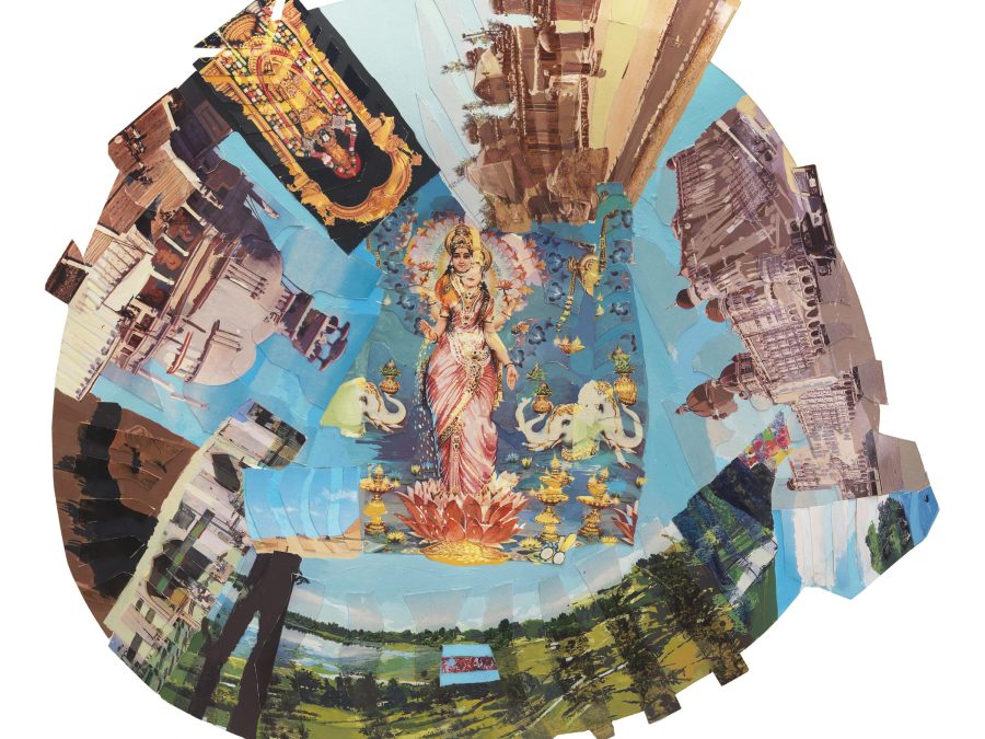 A vaguely circular collage features an ornately dressed adult woman against a sky blue background at its center, surrounded by images of various buildings and landscapes.