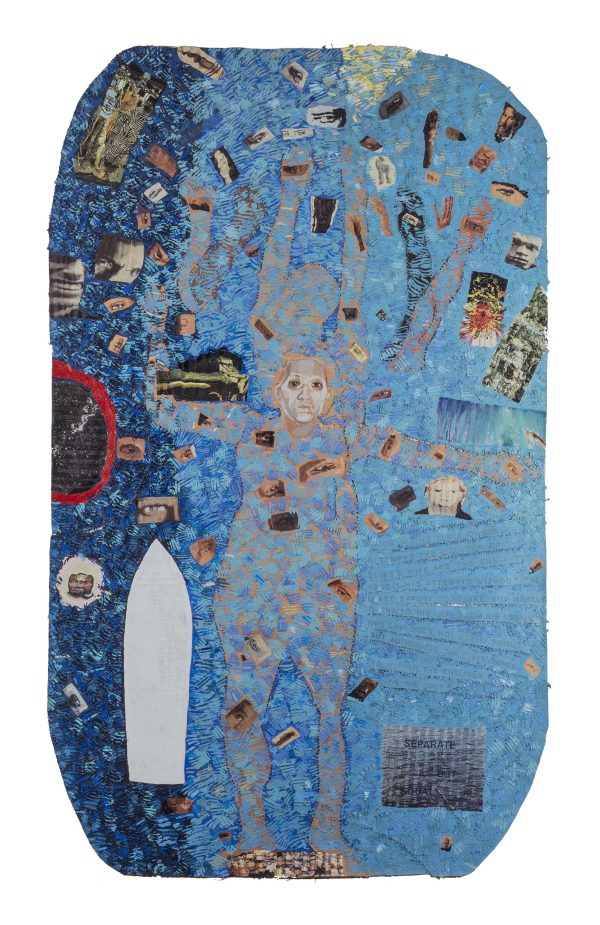 A vertical painting with a blue background includes a large human form at its center, surrounded and partially covered by smaller images of eyes, faces, and hands. These smaller images appear collage-like, as if cut from other sources.
