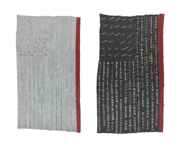 Two flag-like rectangles—on the left light gray and on the right dark gray—hang vertically side by side, each with fourteen rows of vertically stacked first names.