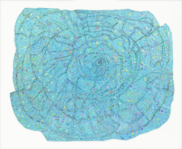 A light blue, imperfect rectangle is covered with circles, ovals, and spiraling dots that blend into the background yet appear to sit on the surface.