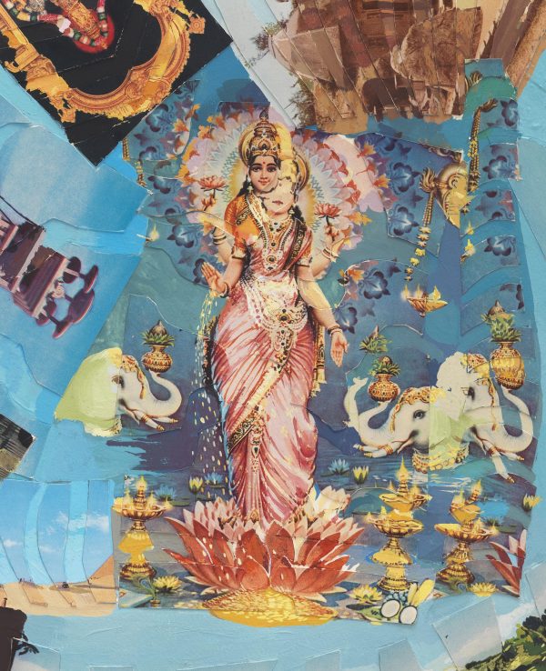 A blue collage depicts a crowned woman in a pink sari who stands in a large flower surrounded by three elephant heads, golden lamps, and other ornamental patterns.