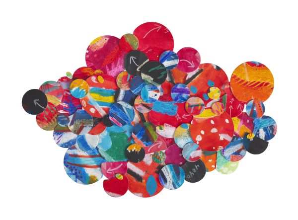 A collage of circles of various sizes and colors are clustered together.
