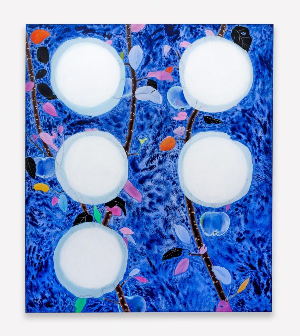 Five glowing white orbs seem to float above branches against a deep blue background with colored string lights.