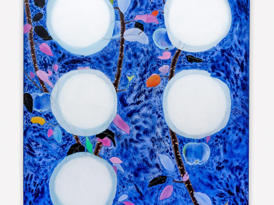 Five glowing white orbs seem to float above branches against a deep blue background with colored string lights.