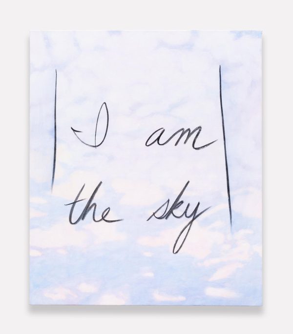 On a background of soft pink and purple clouds, 