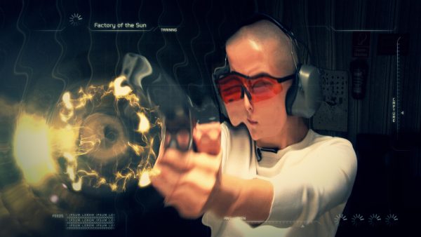 A light-skinned person with a shaved head and orange safety glasses fires a gun toward you. The image is warped in ripples, as if to visualize the bullet's path through the air.