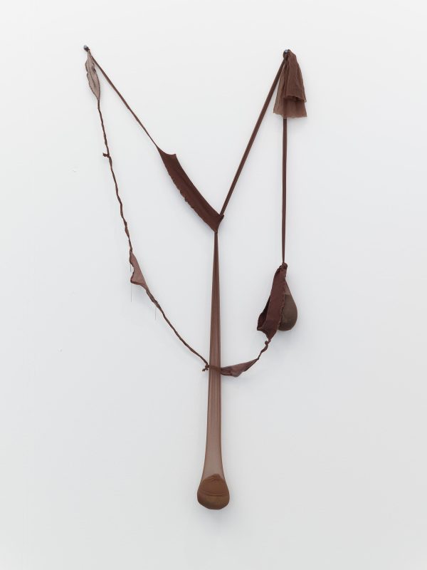 A pair of shredded pantyhose are looped and tied together, tacked loosely on a wall with a weighted object contained in each foothold.