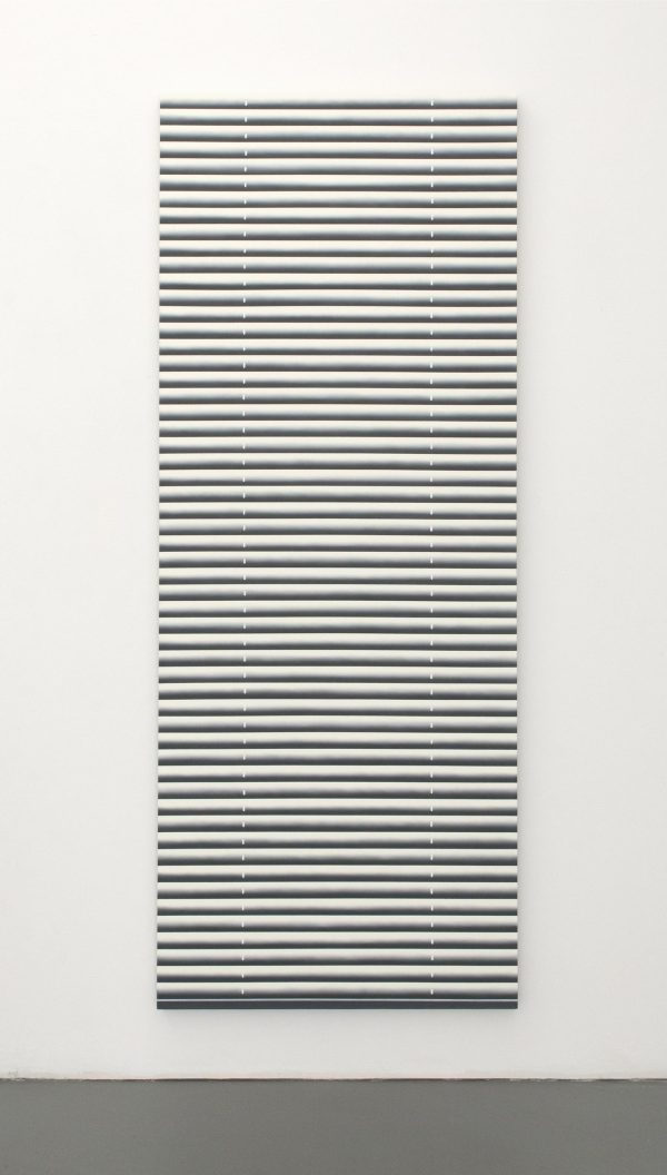 Vertical painting hanging on a white wall featuring black lines resembling blinds for a door