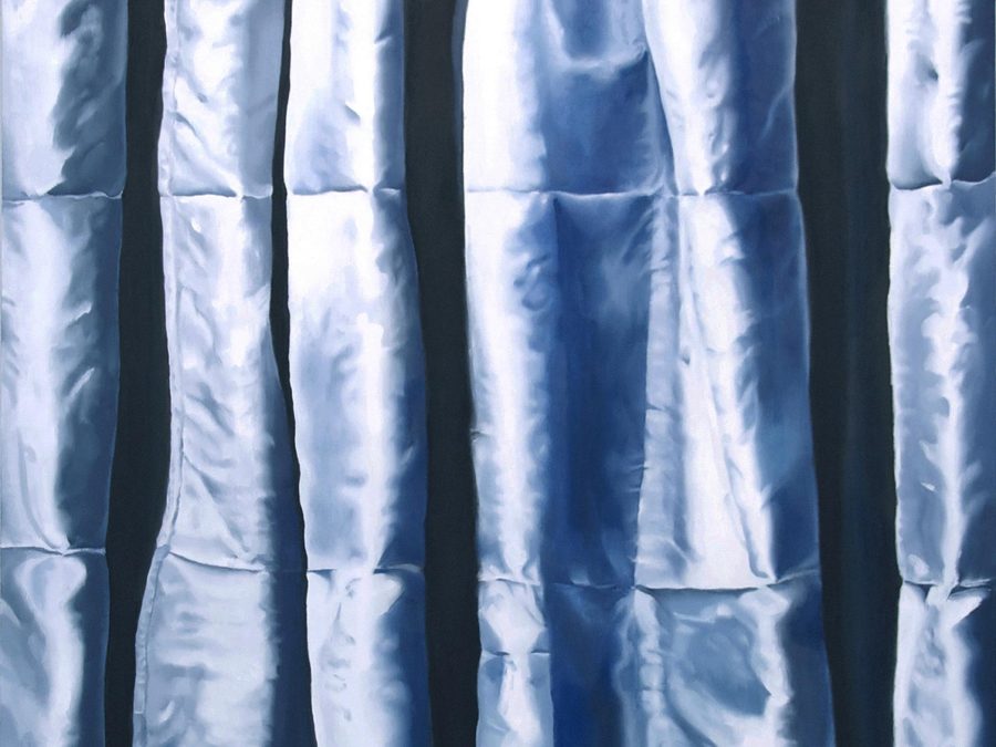 A vertical painting portrays a close-up view of a light blue, satiny fabric.