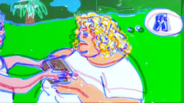 In a loosely rendered digital illustration, a person hands an object resembling a box or book to a blonde woman in the center of the frame. Emerging from the blonde woman's head is a thought bubble containing a pair of blue jeans.
