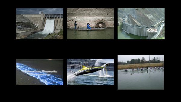 Two row of three images displaying dams and other waterways
