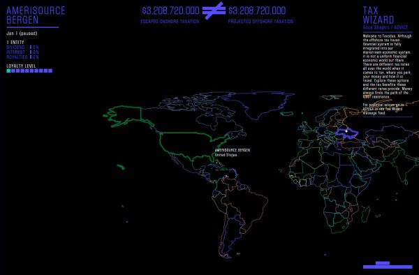 A map of the world with continents outlined in different colors against a black background. Two amounts of money appear on the top middle of the image. The header Amerisource Bergen appears above various financial information on the top-left; a header Tax Wizard appears above an illegible paragraph on the top-right.