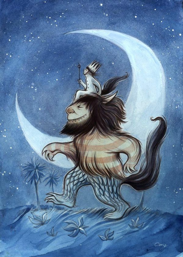 Max from Where the Wild Things Are sits atop the head of a monster. Behind them, a giant crescent moon illuminates the scene.