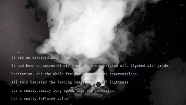 Six lines of white computer text appear over a black-and-white image of a digitally rendered bonfire creating billowing white smoke.