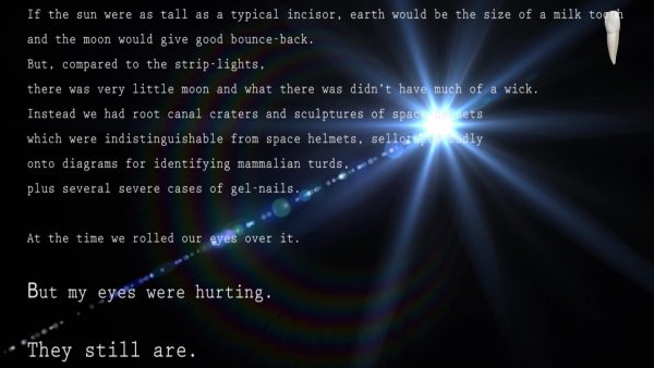Eleven lines of white computer text appear over an image of a blue starburst or lens flare against a black background.