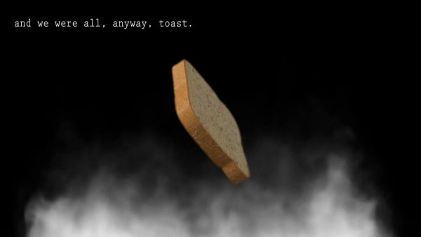 A digitally rendered image of a piece of sandwich bread appears in front of a smoky black-and-white background. White text in the upper-left corner reads 