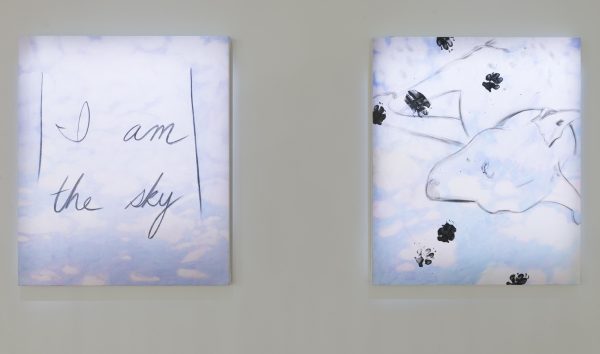 Two paintings of idyllic cloudy blue skies hang side by side. One reads 