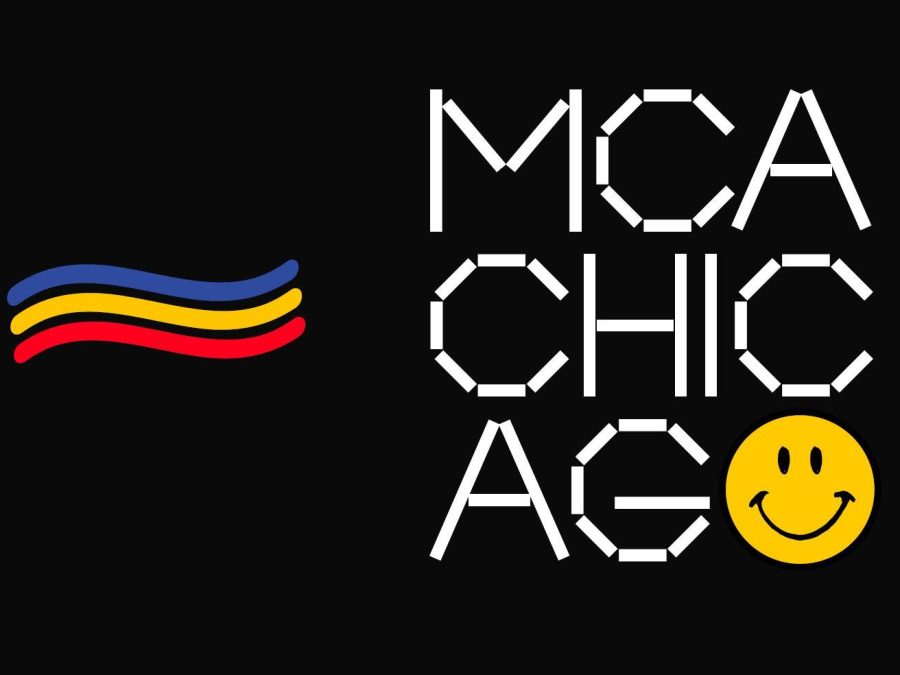 A blue yellow and red squiggle flag next to the MCA Chicago logo where the o is a smiley face