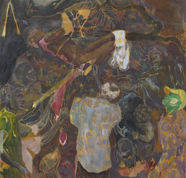 A detailed painting shows the implied forms of various human figures depicted in shades of brown and dark blue, with accents of green, yellow, maroon, and white.