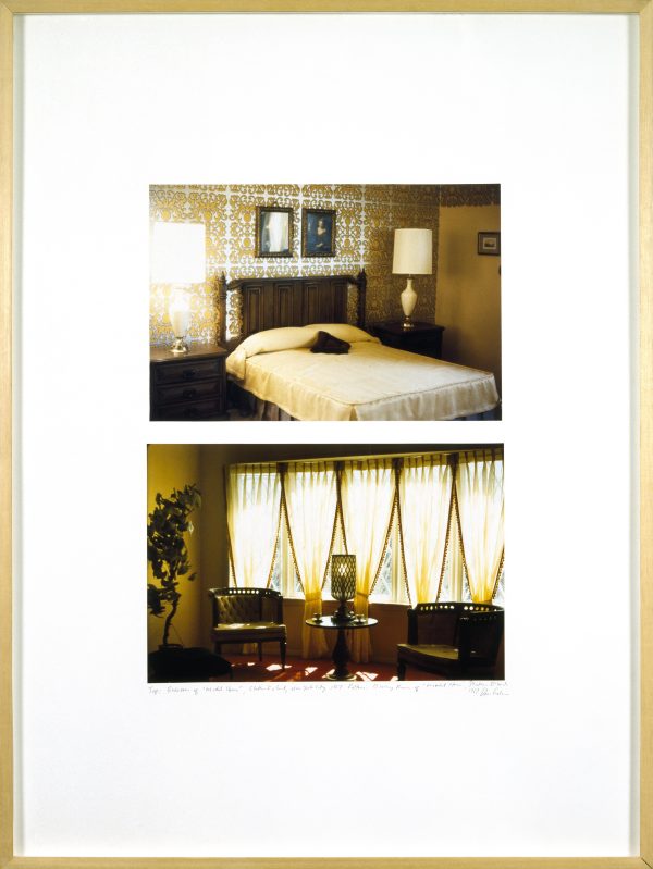 Two pictures of a 1960s home framed. The top picture is of a bedroom with a double bed; the bottom picture is of a window with two chairs in front of it.