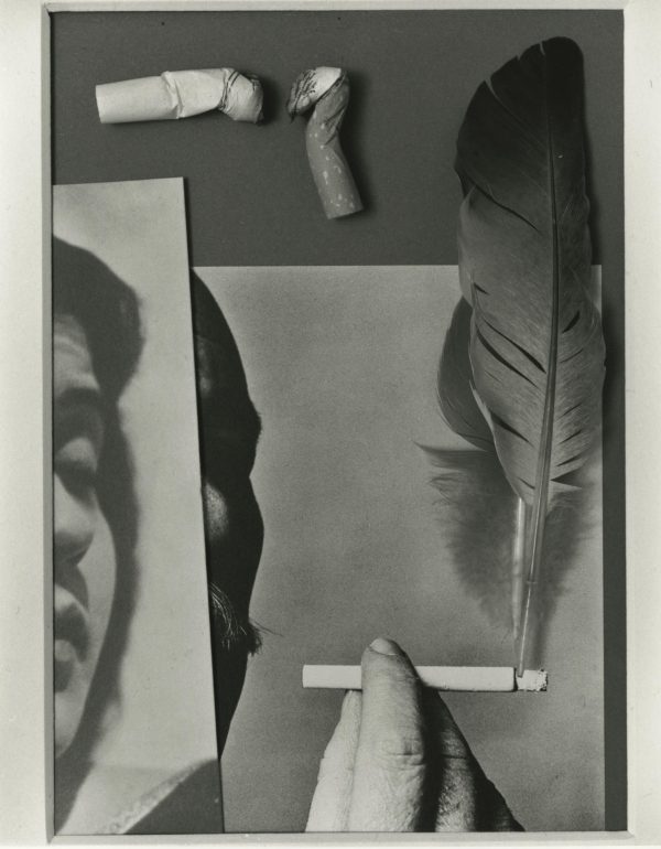 A black and white collage of two images, cigarettes, and a feather placed to look like smoke from a hand holding a cigarette in one image