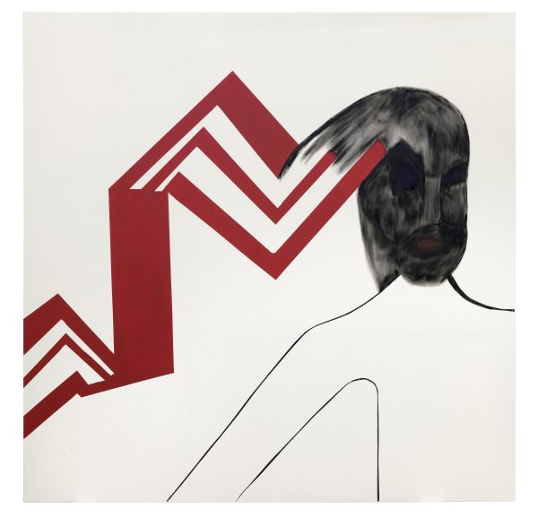 Red zig zags come from a watery black oval with a torso below it