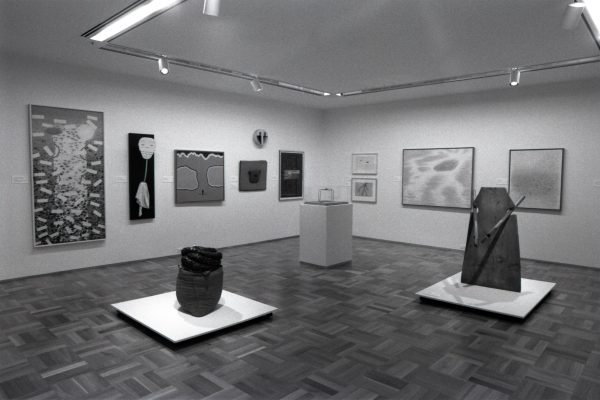 Gallery shot of sculptural artworks on pedestals and framed prints installed in white walled gallery with wooden floors.