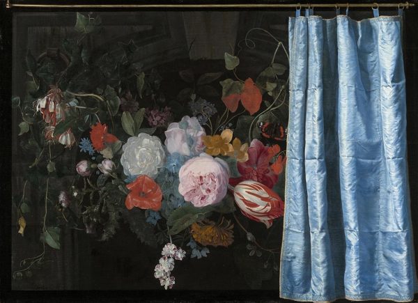 A floral still life arrangement against a dark brown background with a light blue shimmery curtain hanging from the right-hand side of the painting