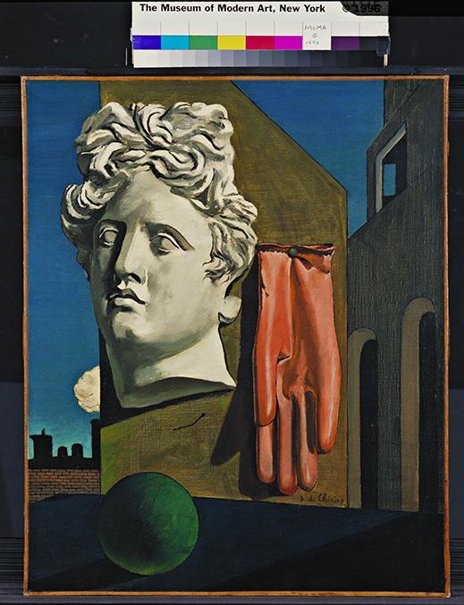Surrealist painting of an empty landscape with a marble bust, a larger-than-life red glove hanging by nails from a building, and a giant teal ball on the ground