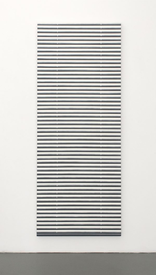 Vertical painting hanging on a white wall featuring black lines resembling blinds for a door
